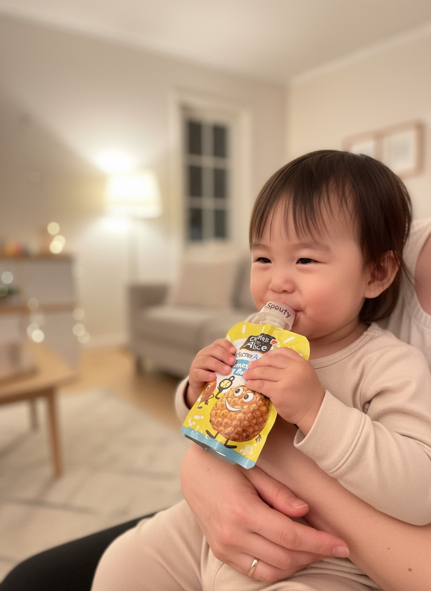 Bébé et sa compote avec un embout My Spouty